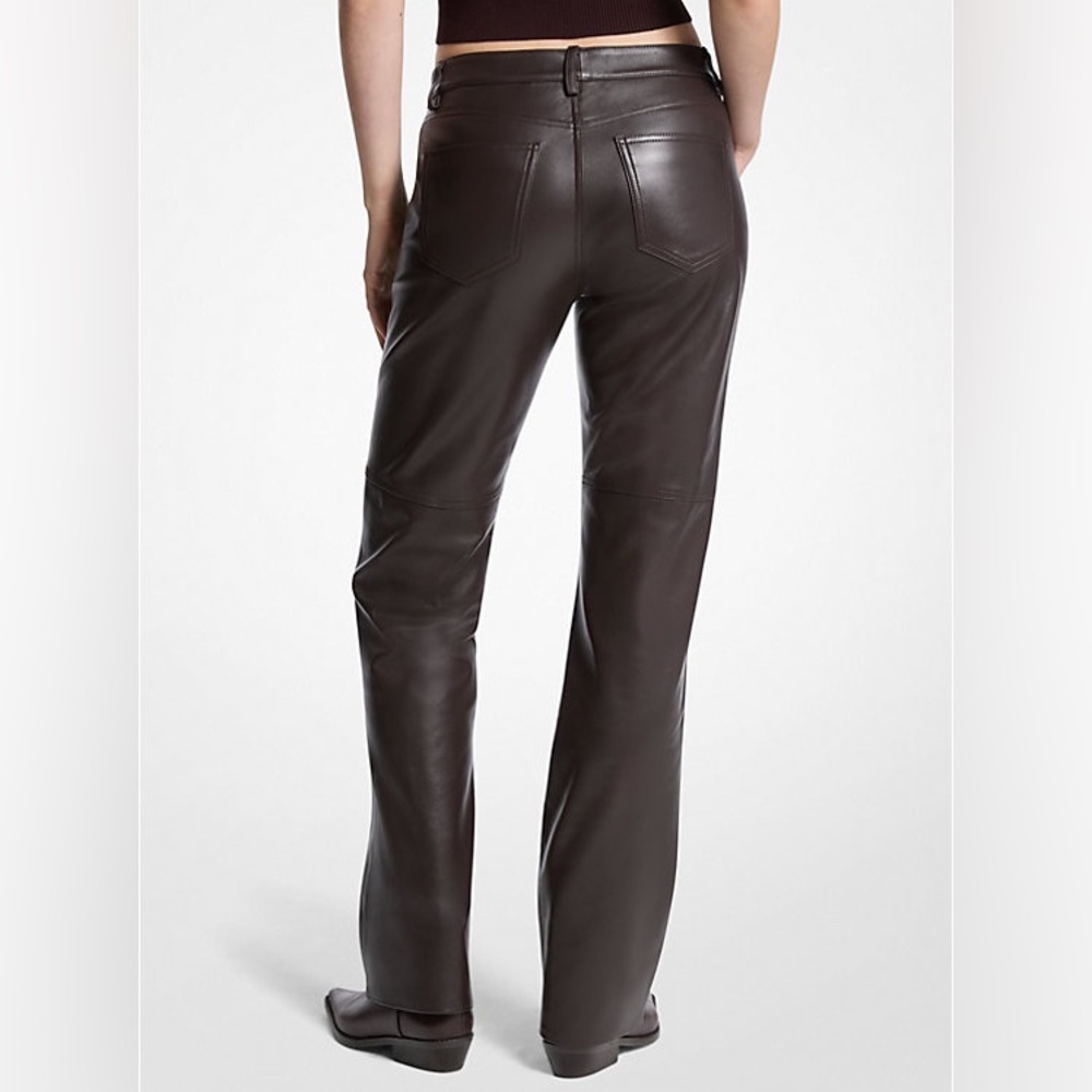 NWT MICHAEL MICHAEL KORS Straight-Leg Lamb Leather Pants Chocolate Brown Size 2 - Picture 3 of 16